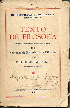 TEXTO DE FILOSOFA. Vol. III. Nociones de Historia de la Filosofa.