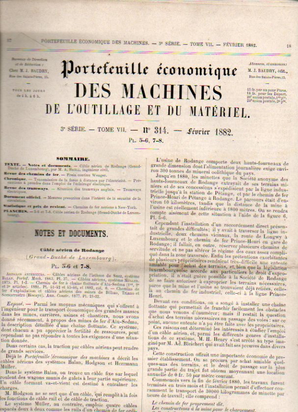 PORTEFEUILLE CONOMIQUE DES MACHINES DE LOUTILLAGE ET DU MATRIEL. 3e Srie. Tome VII. N 314. Avec deux planches du Cable Aerienne de Rodange.