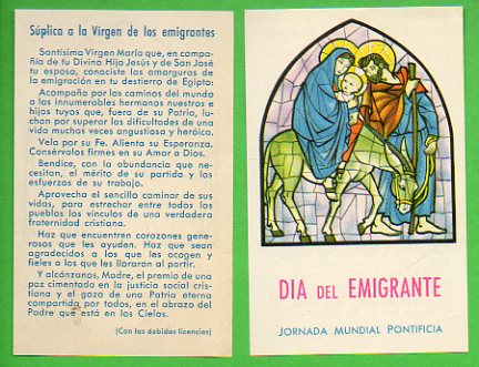Estampa: DA DEL EMIGRANTE. JORNADA MUNDIAL PONTIFICIA. Splica a la Virgen de los Emigrantes.