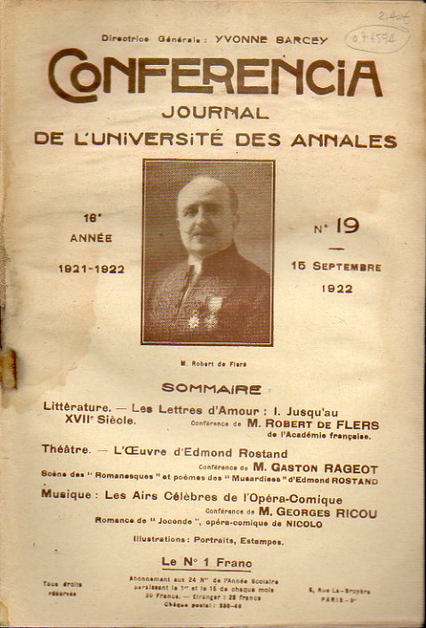 CONFERENCIA. Journal de lUniversit des Annales.  Anne  16e (1921-1922). N 10.