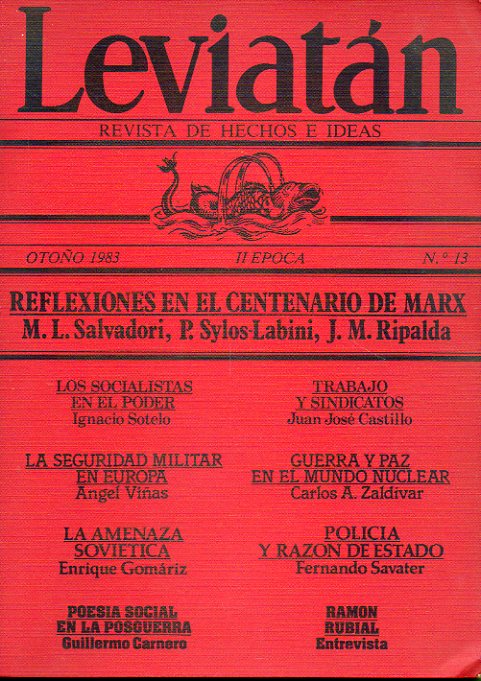 LEVIATN. Revista de Hechos e Ideas. II poca. N 13. En el centenario de Marx: Salvadori, Sylos Labini, J. M. Ripalda; A. Vias: La seguridad militar