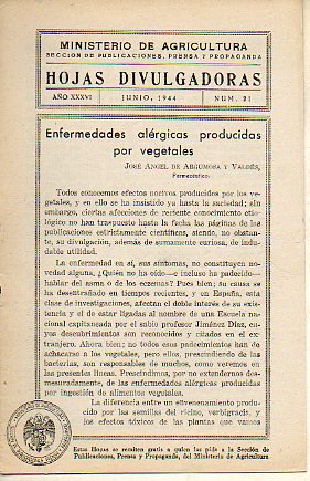 HOJAS DIVULGADORAS. A�o XXXVI. N� 21. Enfermedades al�rgicas producidas por  vegetales.
