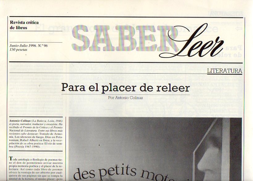 SABER LEER. Revista Crtica de Libros. N 96. Antonio Colinas: Para el placer de releer; Vctor Nieto: Arte espaol de XX: modernidad y vanguardia; J.