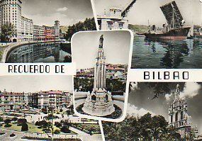 Tarjeta Postal: N 1917. BILBAO. Rascacielos. Puente del Generalsimo. Monumento Sagrado Corazn. Plaza Federico Moya. Baslica Nta. Sra. de Begoa.