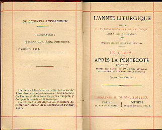 L´ANNÉE LITURGIQUE. LE TEMPS APRÈS LA PENTECOTE. Tome VI. 4e éd.