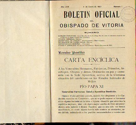 BOLET�N OFICIAL DEL OBISPADO DE VITORIA. Tomo LXIII. A�o 1927.