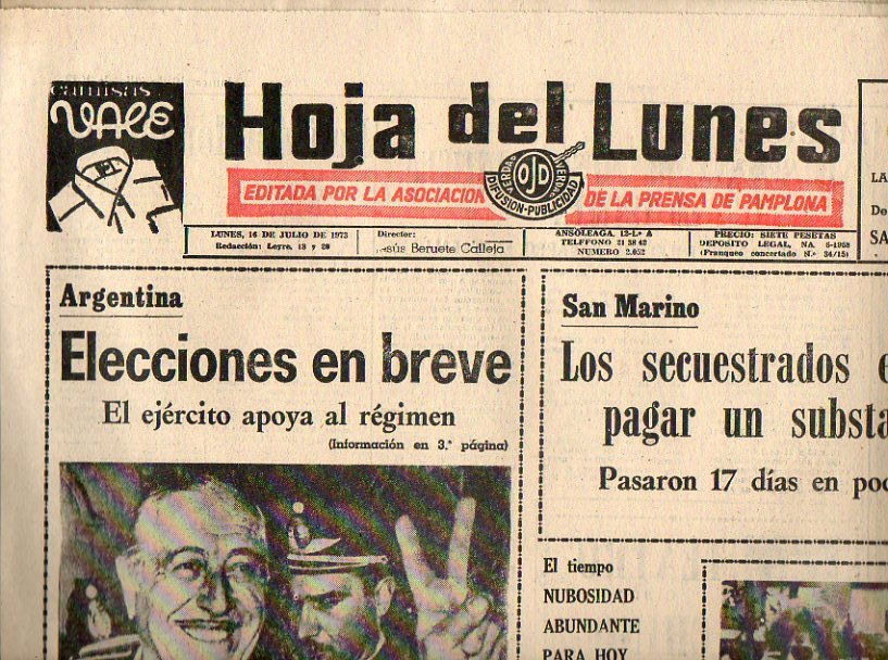 HOJA DEL LUNES. N 2.052. Elecciones en Argentina. Accidente de autobs en Jerez de la Frontera. Crnica del Tour: Luis Ocaa gan la primera etapa pi