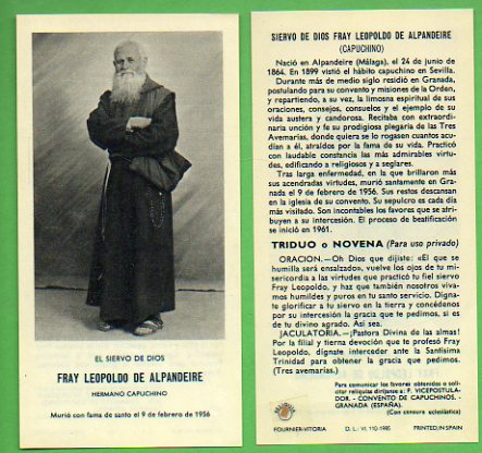 EL SIERVO DE DIOS FRAY LEOPOLDO DE ALPANDEIRE, HERMANO CAPUCHINO. Triduo o Novena para uso privado. Reliquia. Impresin de Fournier.