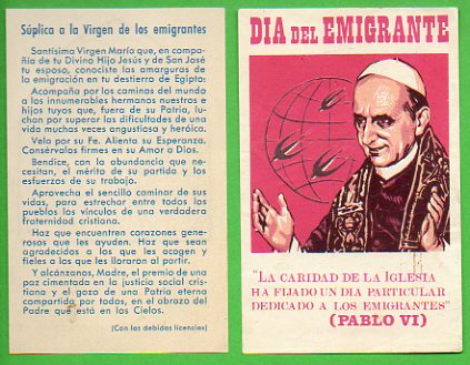 Estampa: DA DEL EMIGRANTE. JORNADA MUNDIAL PONTIFICIA. Splica a la Virgen de los Emigrantes.